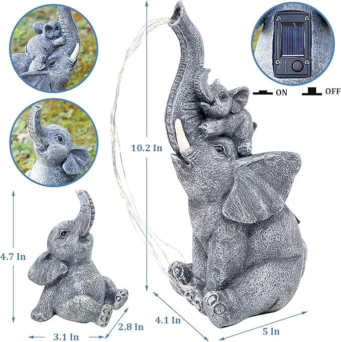 FORUP Garden Elephant Statue, Solar Elephant Statues for Garden Decor, Elephant Figurine with Solar Watering Lights, Elephant Outdoor Sculptures for Outside Porch Patio Balcony Front Yard
