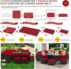 ClawsCover 13Pack Outdoor Seat and Back Cushions Replacement Covers Fit for 7Pieces Wicker Rattan Patio Furniture Set Sectional Couch with Dining Table and Ottoman,Red-Include Cover Only