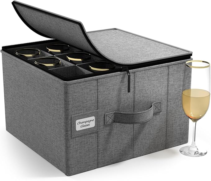 Sorbus China Storage Containers – Dinnerware Organizer for Champagne Flute Glasses with Lid (Holds Service for 12) with Felt Protectors – 13" x 10" x 10.6"