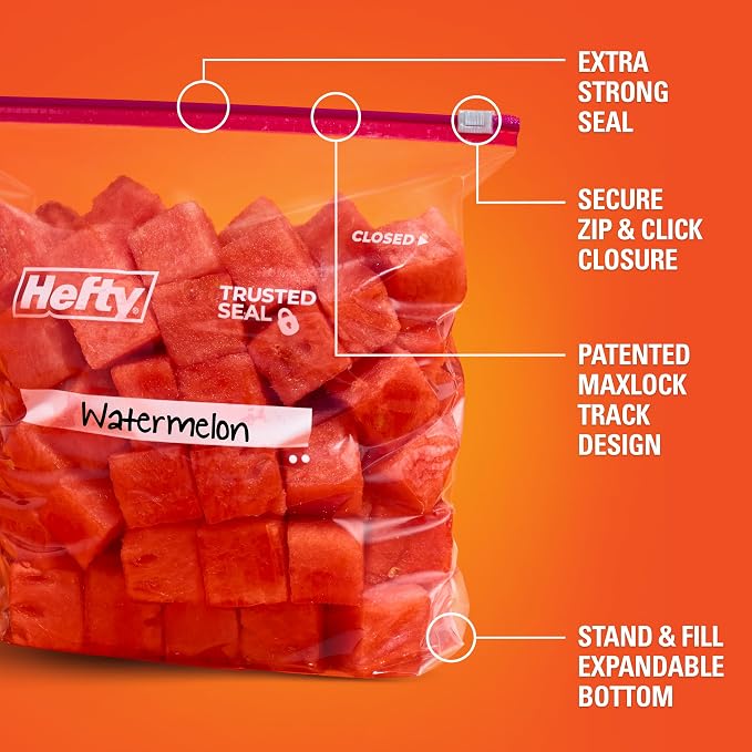 Hefty Slider Storage Bags, Gallon Size, 15 Count (9 Pack), 135 Total | Bulk Pack, Gallon Storage Bags, Store Food, Snacks, Toiletries, Writeable Label, Stand and Fill, Slider Closure