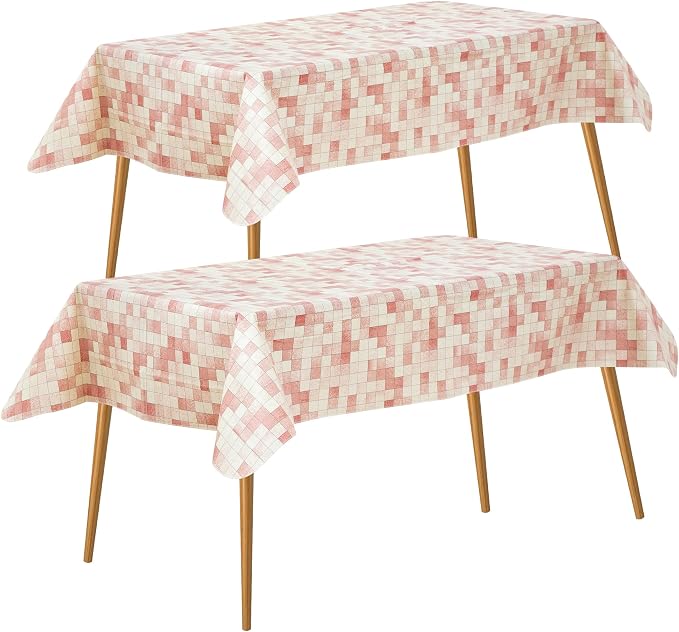 FIFTY FEET 70X52 Inch Square Tablecloth, Vinyl Tablecloth with Flannel Backing Waterproof Table Cloth, Spill Proof Picnic Table Cover for Outdoor/Indoor/Camping/Dining(Red Plaid) - 2 Packs