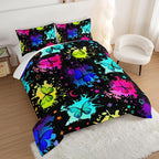 HOSIMA Colorful Butterfly Comforter Set for College Girls and Boys Full Size Bed in a Bag Set,3Pcs Bedding Set Colorful Ink Print Comforter with 2 Pillowcases,Star Moon Black Comforter.