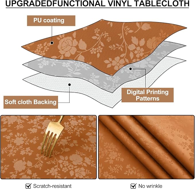 Smiry Square Waterproof Heavy Duty Vinyl Tablecloths, 54 x 54 Inch | Wipeable Washable Floral Embossed Table Cover for Kitchen and Dining Room, Indoor & Outdoor Use, Bronze