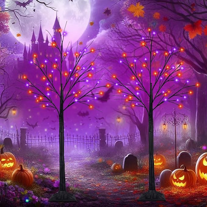 2Pack 4FT 100LED Black Halloween Tree Lights, Timer Function Halloween Trees with Purple and Orange Lights, Spooky Trees Light for Indoor Outdoor Halloween Decorations