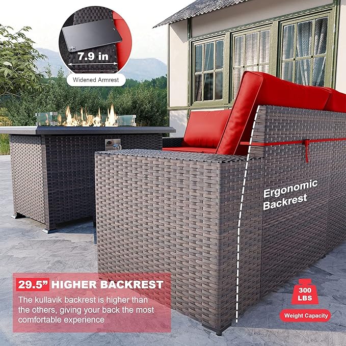 Kullavik 7 Pieces Outdoor Patio Furniture Set with 43" 55000BTU Gas Propane Fire Pit Table PE Wicker Rattan Sectional Sofa Patio Conversation Sets,Dark Red