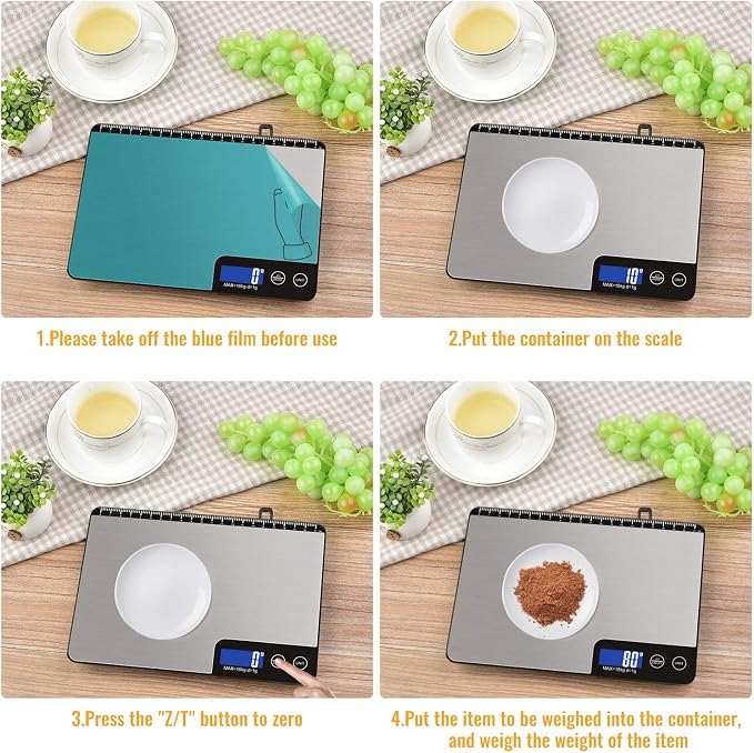33lb Digital Kitchen Scale Large Weighing Area (9 in), Diyife Professional Electronic Food Scale, Stainless Steel Household Scale, Touch Control, LCD Display, Hangable, 6 Units, Tare, with Batteries