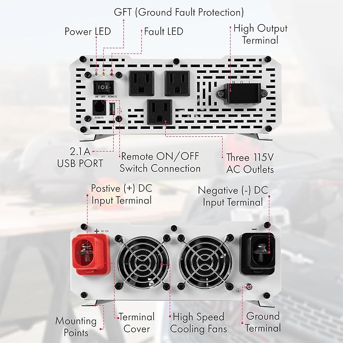 Wagan EL3808 Pure Line Power Inverter 2000 Watt DC 12V to 110V AC Car Pure Sine Wave Power Inverter for Home RV Camping Van Life Off Grid ETL Certified