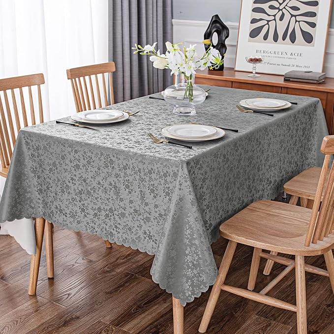 Smiry Rectangle Waterproof Heavy Duty Vinyl Tablecloths, 70 x 90 Inch | Wipeable Washable Floral Embossed Table Cover for Kitchen and Dining Room, Indoor & Outdoor Use, Grey