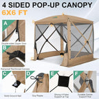COBIZI 6x6 Pop up Gazebo Tent on Clearance, Ez up Waterproof Screen Tent Screen House with 3 sidewalls,Portable Outdoor Canopy with Carry Bag & Ground Stakes for Camping,Garden and Picnics, Khaki