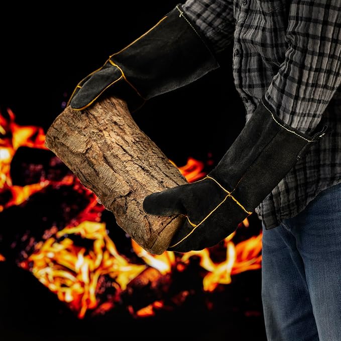 Extra Long Leather Gloves, Extreme High Heat Resistant Gloves, Rugged but Comfortable for Outdoor Cooking, Oven Use, Campfire, Bonfire, Grilling, Fire Pits, Hot Logs, Backyard BBQ by Mr Bar-B-Q 40113Y