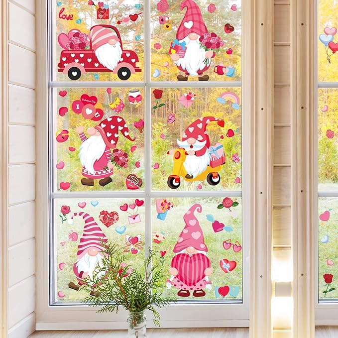 DC-BEAUTIFUL 107 PCS Valentines Window Clings, 9 Sheets Double-Sided Pink Love Heart Gnome Valentine Decoration Window Stickers, Reusable Static Holiday Window Decals for Home Wedding Party Decors