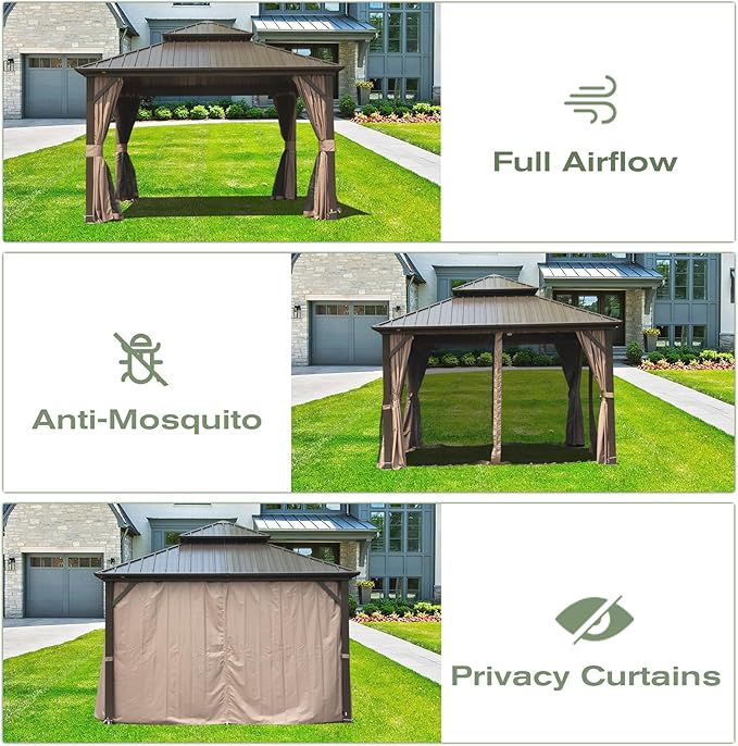 Domi 12' x 14' Hardtop Gazebo Permanent Metal Gazebo with Galvanized Steel Double Roof, Curtains and Netting for Party, Wedding, Outdoor Dining, Patio, Backyard, Brown