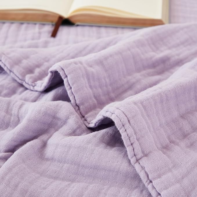 EMME Cotton Twin Blanket for Couch Soft Airy Muslin Bed Blankets Lightweight Breathable All Season Gauze, Lavender 60"x80"