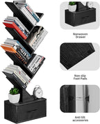 Egepon 6-tier Tree Bookshelf with Drawer Black Book Shelf Storage Rack Floor Standing Bookcase for CDs Movies Books Multifunctional Organizer Shelves for Home Office Living Room Bedroom