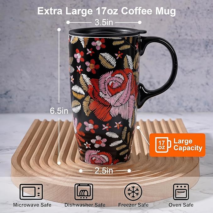 Topadorn Ceramic Travel Mug with Lid, 17oz Embroidered Floral Mug | 17oz Ceramic Travel Mug • Embroidered Floral Design • Coffee Mug with Lid • Microwave & Dishwasher Safe • Gift Box