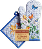 Maison d' Hermine 100% Cotton Oven Mitt & Pot Holder Set (7.5"x13" & 8"x8") | Heat Resistant BBQ Cooking Gloves with Loop Baking Grilling Kitchen Hotel Home Farmhouse Spring Summer - Passiflora