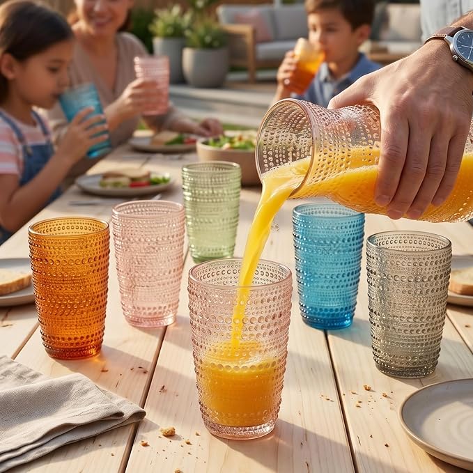 Khen Beaded Highball Tumbler Drinking Glasses Set | Set of 6 | Vintage Hobnail Bubble Design Whiskey Glassware, Old-Fashioned, Art Deco Glass for Water, Wine, Cocktail Dishwasher Safe (14.6 OZ)