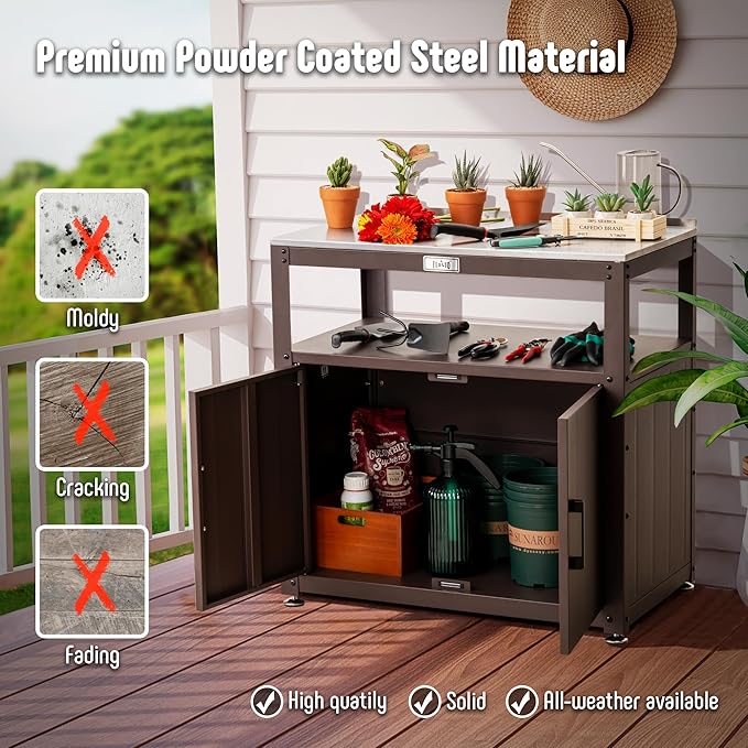 Garden Potting Bench with Storage Cabinet,Outdoor Gardening Table & Work Bench for Plants, Horticulture,Outdoor Workstation with Stainless Steel Tabletop,Outdoor Work Table