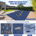 Inground Pool Cover Safety Fits Rectangle Swimming Pool, Mesh Solid Pool Cover for Inground Pools,Winter Pool Safety Cover Includes Safety Net and Installation Tools Blue (Blue, Fits 14x28ft Pools)