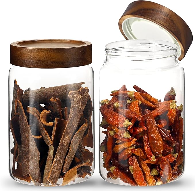 Airtight Glass Jars with Wooden Lid Glass Spice Jar Round Glass Storage Canister for Pantry Sugar Tea Coffee Bean Nuts Cookies Bath Salts (900ML*2PACK)