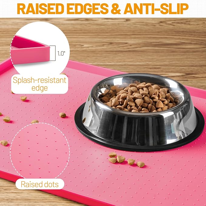 Hubulk Dog Feeding Mat,100% Waterproof Food Grade Silicone Pet Food and Water Bowl Placemat,Dishwasher, High Raised Edge to Prevent Spills,Nonslip Tray to Stop Messes on Floor (32"x24"x1.0", Pink)