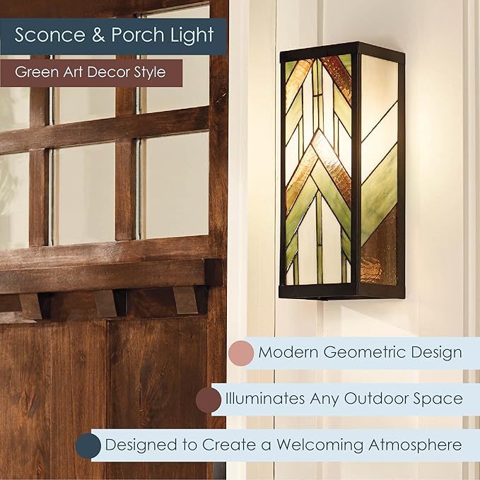 RIVER OF GOODS Art Deco Stained Glass Outdoor Light Fixture - 16.25" H - Decorative Porch Light - Green