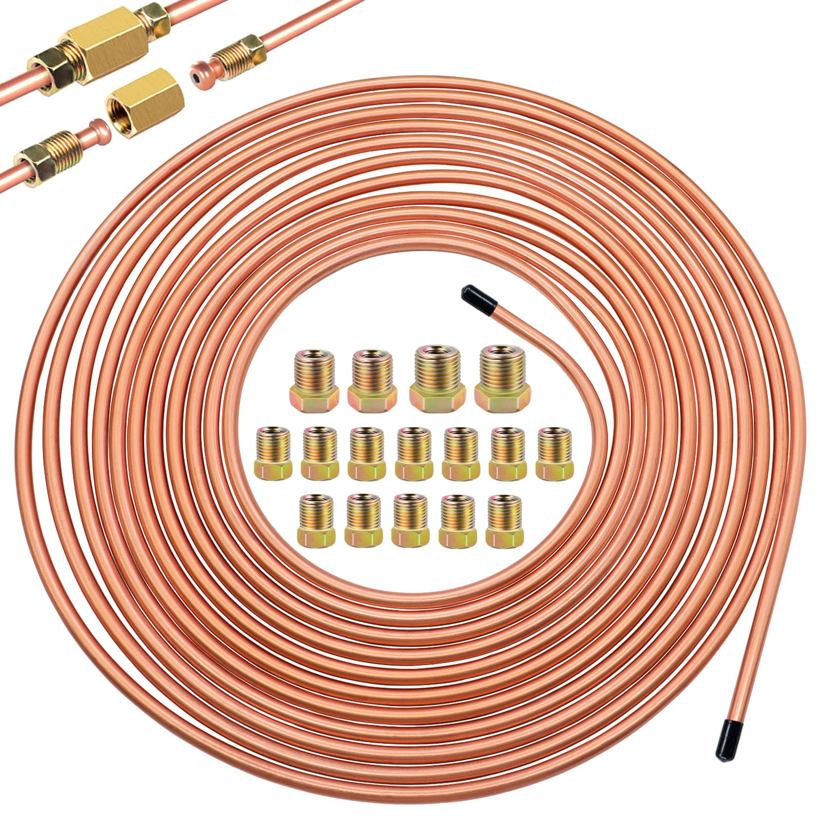 Eoppen 1/4Inch x 25 ft Brake Line Tubing Kit Flexible Copper Coated Alloy Brake Line Tubing Coil with 16 Inverted Flare Fittings