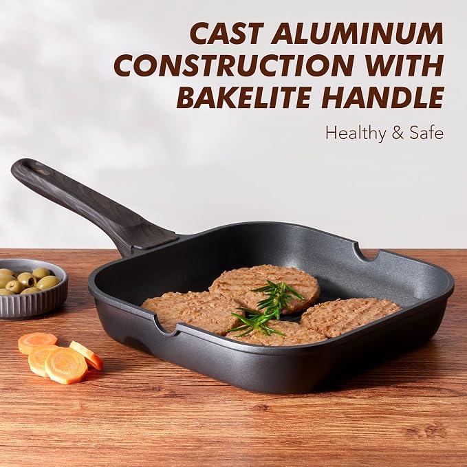 SENSARTE Nonstick Grill Pan with Lid, Grill Pan for Stove Tops, Versatile Griddle with Pour Spouts, Square Big Cooking Surface, Durable Skillet Indoor & Outdoor Grilling. PFOA Free, 9.5 Inch