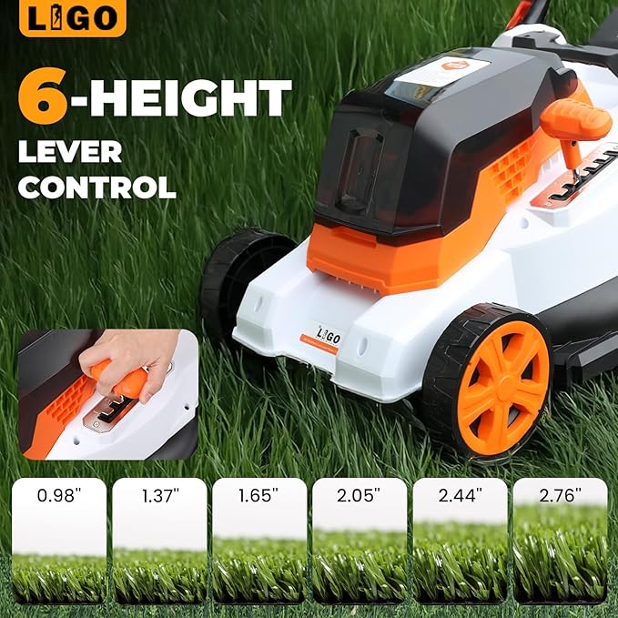 LIGO 40V Cordless Lawn Mower w/11Gal Bag & 2X4.0Ah Battery | 15" Brushless Motor, 6-Position Height (0.98"-2.95") | Walk-Behind Grass Catcher w/Patented Comb | 20V/40V Tool Compatible
