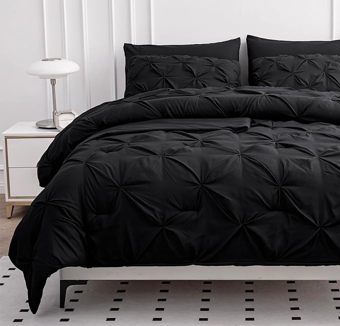 LANE LINEN Bedding Comforter Set for Split King Mattress, Soft 8 Piece Split King Bed in a Bag with 1 King Comforter, 1 King Size Flat Sheet, 2 Twin XL Fitted Sheets, 2 Pillowcases & 2 Shams - Black