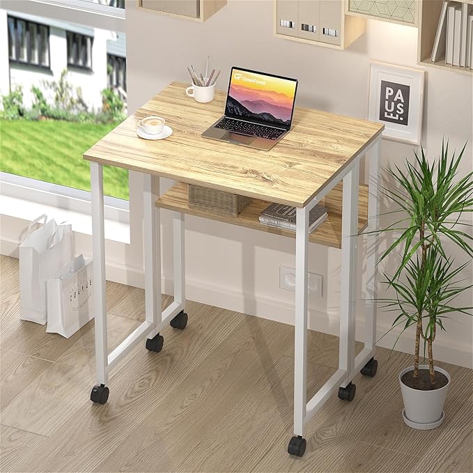 GreenForest Folding Desk Small Rolling Desk with Storage Shelf,31.5 inch Foldable Computer Desk with Wheels for Small Space,Easy Assembly,Oak