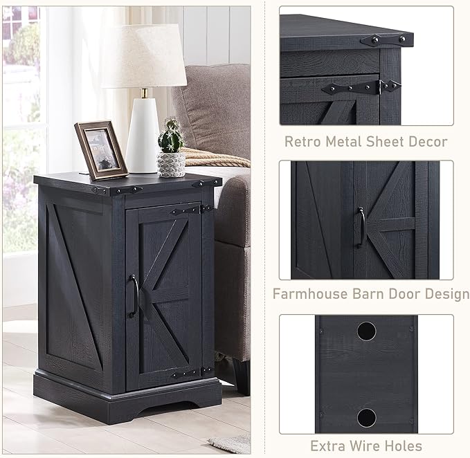 JXQTLINGMU Farmhouse Nightstand Set of 2 with Charging Station, 17" D Rectangular End Table with Barn Door & Adjustable Storage Shelf, Wood Rustic Sofa Side Table for Living Room, Bedroom, Black