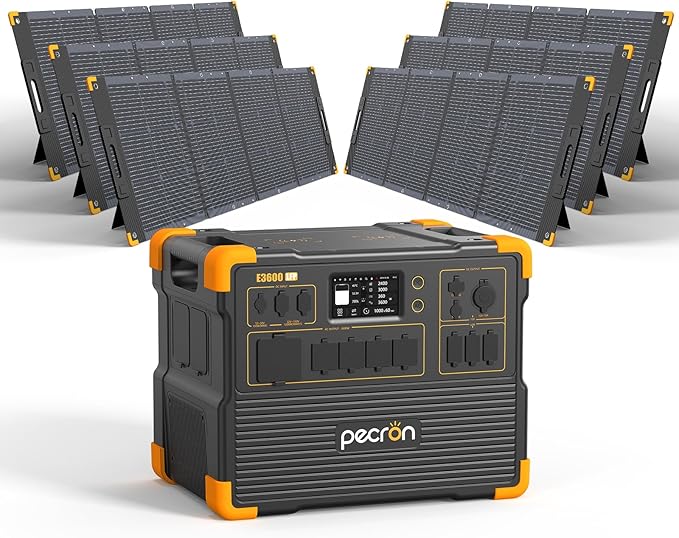 pecron Solar Generator E3600LFP 3072Wh with 6x300W Solar Panels, 5x3600W AC Outlets Portable Power Station, LiFePO4 Battery Backup Expanded to 15.36KWh, Power Station for Home Use, RV, Camping, CPAP