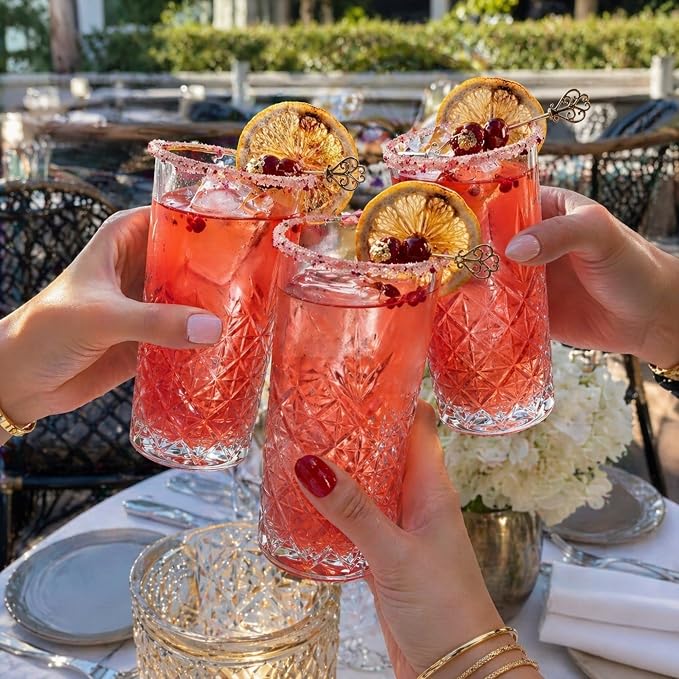 Restaurantware-Timeless 10 Ounce Highball Glasses, Set of 12 Etched Drinking Glasses - Dishwasher-Safe, Chip-Resistant, Clear Glass Water Glass, Lead-Free, For Juices Or Cocktails