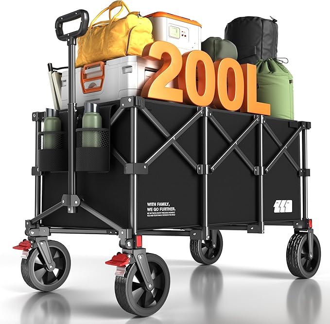 200L Collapsible Foldable Wagon, Large Heavy Duty Wagon Cart with 440lbs Weight Capacity, Folding Utility Wagon with Brake for Camping, Garden, Sports, Picnic, Shopping (Black)