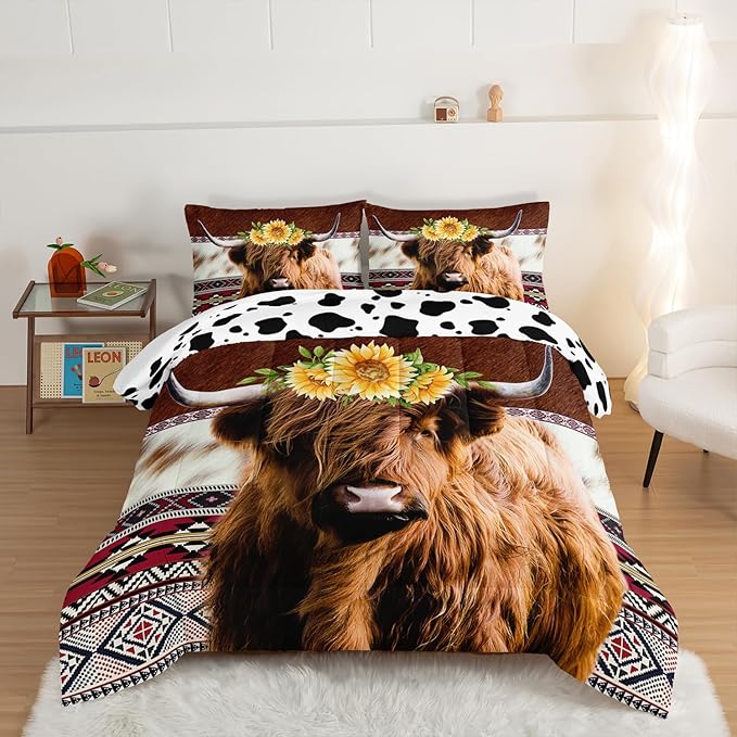 HOSIMA Highland Cow Decor Comforter with 2 Pillowcases,Animal Theme Western Bedding Sets,Brown Cowhide Black White Cow Print Comforter Set,Sunflower Twin Bed in a Bag Sets for Adults Kids.