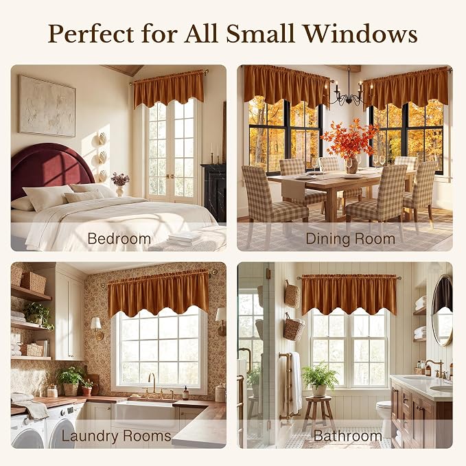 Burnt Orange Fall Decor Window Valance 52x18 Inch 1 Panel | Velvet Wavy Window Treatment for Kitchen, Vibrant Autumn Decoration Short Curtains for Living Room, Bathroom, Basement