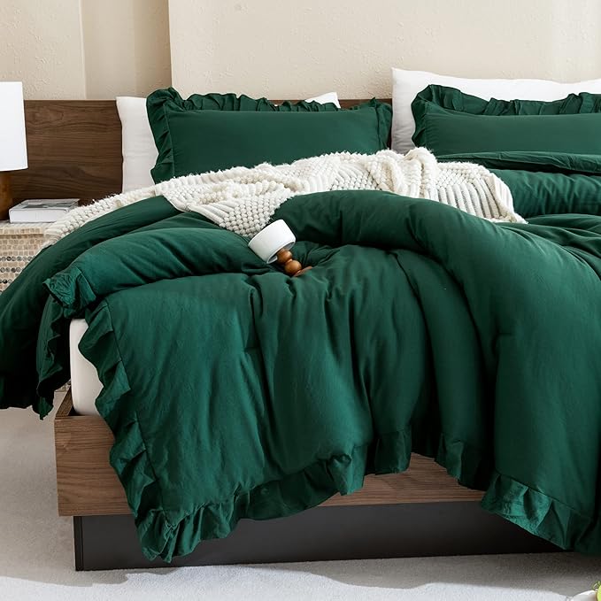 Andency Dark Green Ruffle Comforter Set, 2 Pieces Kids Comforter Set Twin(66x90Inch), Farmhouse Shabby Chic Comforter Set, Soft Microfiber Kids Bedding Set