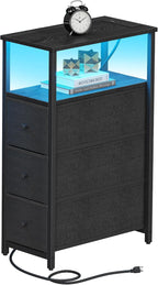 TUTOTAK Narrow LED Night Stand with Charging Station, Slim End Table with Plugins, Tall Side Table with 3 Fabric Drawer, Small Bedside Table with Storage, for Living Room, Black TB01BK086L