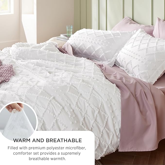 Bedsure Queen Comforter Set - Terracotta Comforter, Boho Tufted Shabby Chic Bedding Comforter Set, 3 Pieces Vintage Farmhouse Bed Set for All Seasons, Fluffy Soft Bedding Set with 2 Pillow Shams