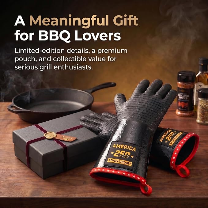 PRO BBQ Gloves, Black Neoprene, 14-Inch, Heat Resistant up to 932°F, Waterproof with Cotton Lining, America 250th Anniversary Edition, Includes Storage Bag (Close Fit-14INCH-932℉-PRO)