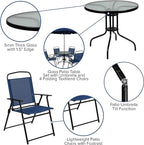 Flash Furniture Nantucket 6-Piece Patio Dining Set with Glass Table, 4 Folding Chairs, and Umbrella, Outdoor Patio Table, Chairs, Umbrella Set, Navy