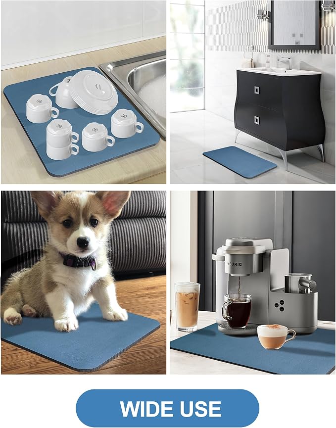 Dish Drying Mat for Kitchen Counter, 12"x19" Pad with Rubber Backed (Blue) | Hide Stain Anti Absorbent for Kitchen Counter, Non-slip Drying Mat for Coffee Machine Dish Rack