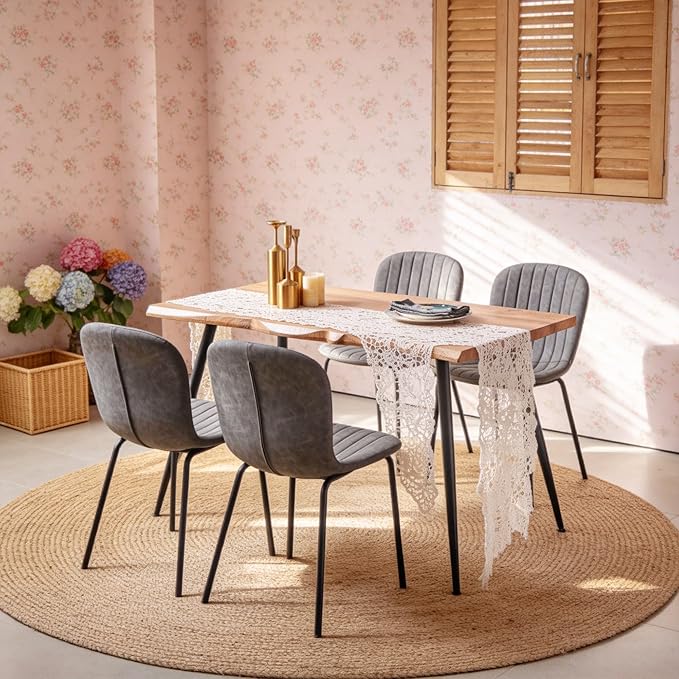Rectangle Dining Table Set for 4 with Grey PU Leather Chairs | 5-Piece Mid-Century Modern Set, Irregular MDF Table, Wood Grain, Space-Saving for Small Spaces, Dining Rooms, Easy Clean