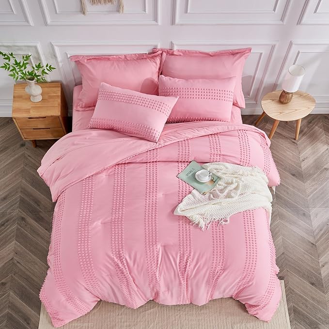ENJOHOS Girls Queen Comforter Bedding Set Pink, 3 PCS Boho Comforter with Tufted Dots, Shabby Chic Bedding Comforter for All Season, Lightweight Fluffy Microfiber Comforter with 2 Pillowcases