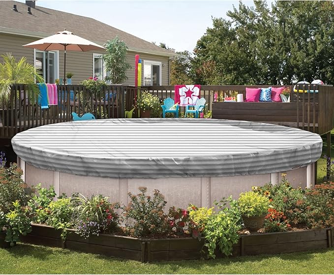 ECOOPTS 9 ft Round Pool Cover for Above Ground Pools, Swimming Pool Cover Protector Winter Safety Cover (Gray White Stripes)