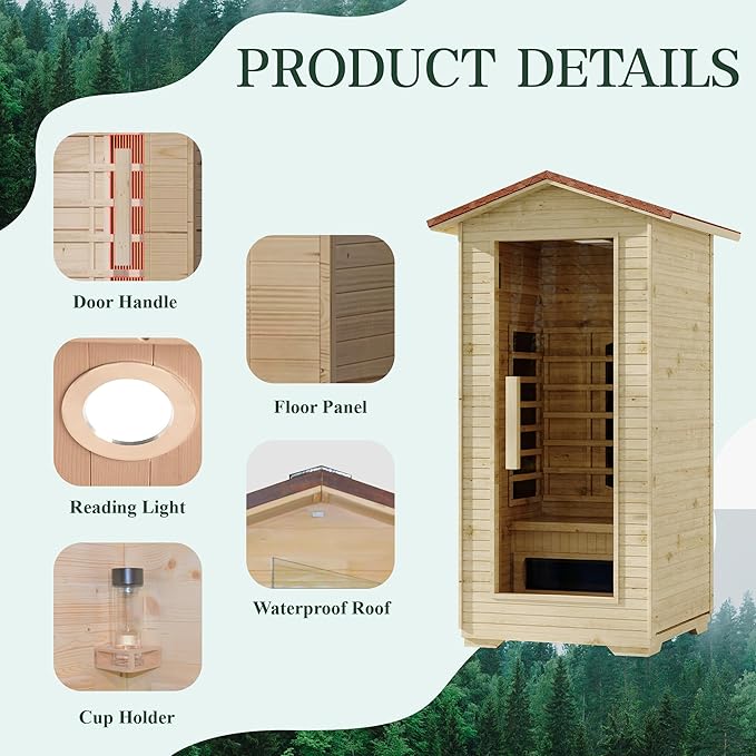 1 Person Outdoor Infrared Sauna - 3D Fast Heating Home Spa Sauna w/Chromotherapy Light, Wooden Sauna Room Kit w/Bluetooth Speaker (CE Certified,110V)
