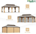 12' X 20' Hardtop Gazebo, Outdoor Galvanized Steel Double Roof Permanent Aluminum Frame Pavilion Pergola Canopy with Privacy Curtains for Garden, Patio, Backyard, Deck and Lawns.