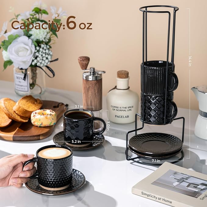 GBhome 6 OZ Stackable Coffee Mugs Set of 4, Ceramic Espresso Coffee Cups | Coffe Cups With Saucer and Stand, Dishwasher&Microwave Safe, 4 Assorted Designs
