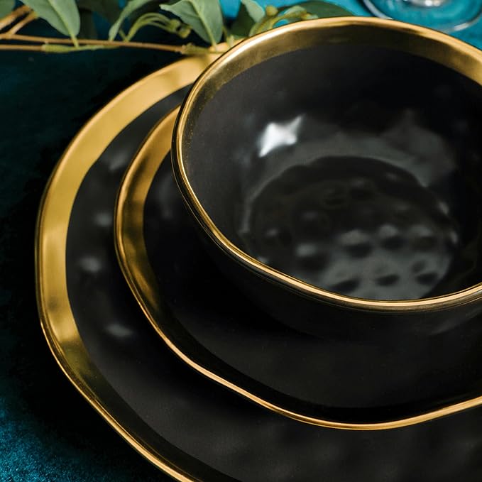 Stone Lain Florian Modern Porcelain 16 Piece Dinnerware Set, Plates and Bowls Set, Dish set for 4, Black And Golden Rim